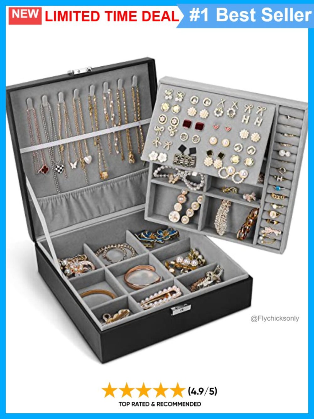 PU Leather Double Layer Jewelry Box Organizer with Lock and Velvet Interior